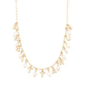 NWT LUNA NORTE Sagittarius Gold Tone Astrology Pearl Letter Necklace w/ Gift Box